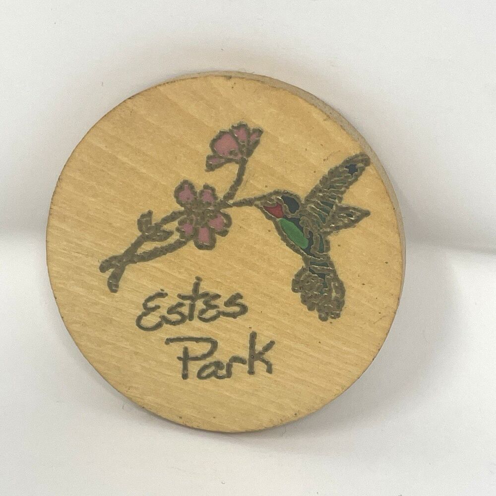 Vintage Estes Park Colorado Wood Magnet Hummingbird Floral Souvenir 2" Round